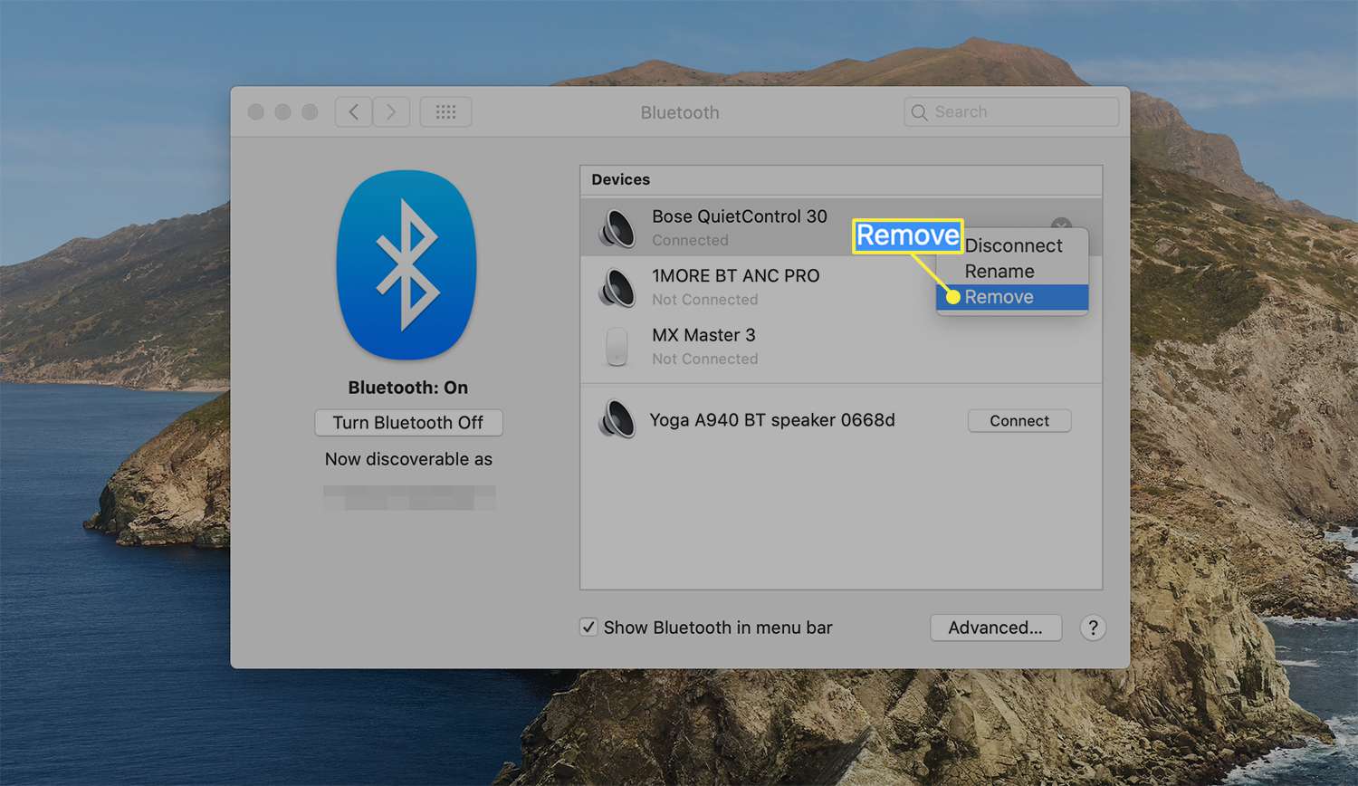 Ta bort alternativet för att koppla bort en enhet från macOS Bluetooth -inställningar