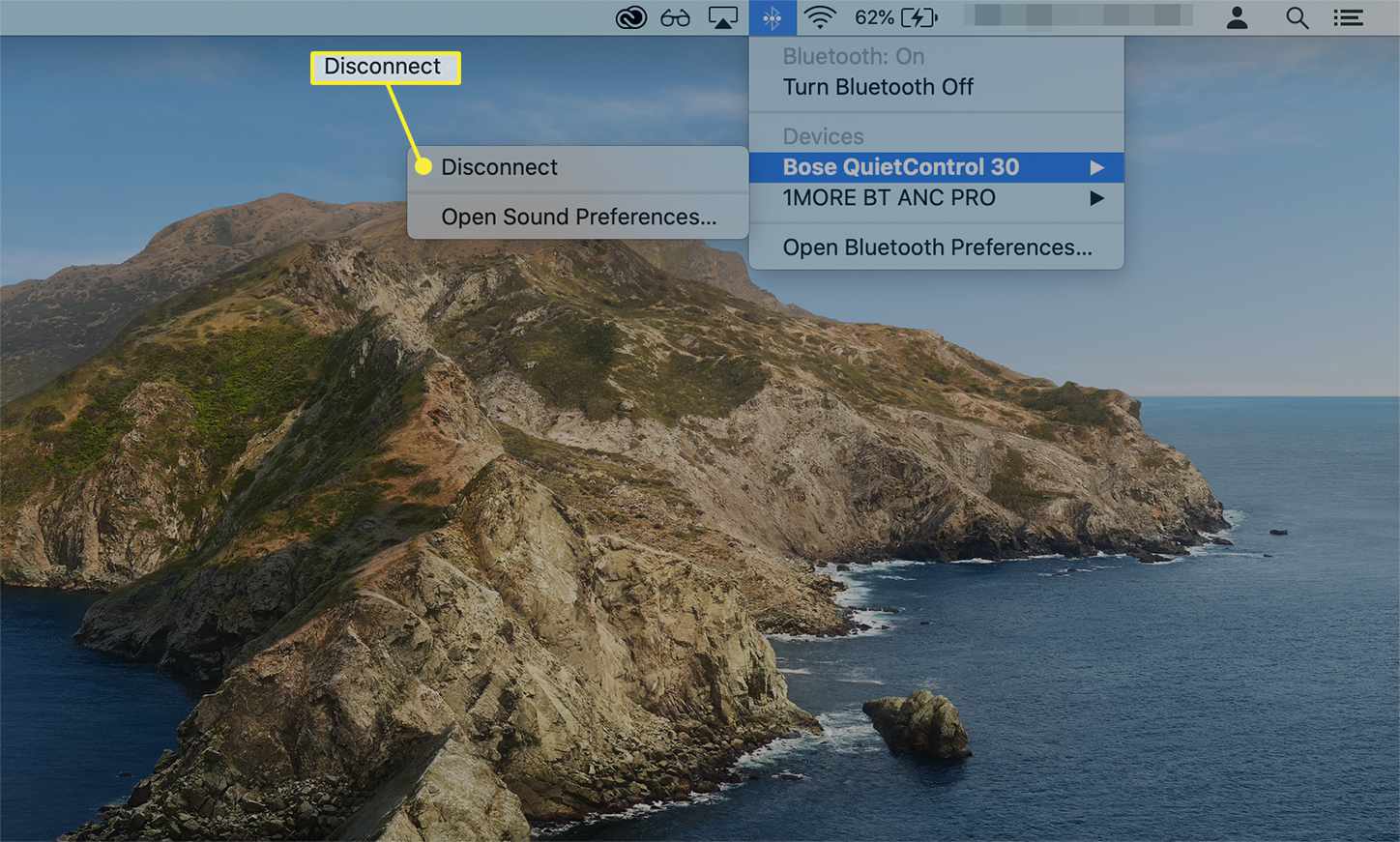Koppla bort alternativet från Bluetooth -ikonen på en Macs menyrad