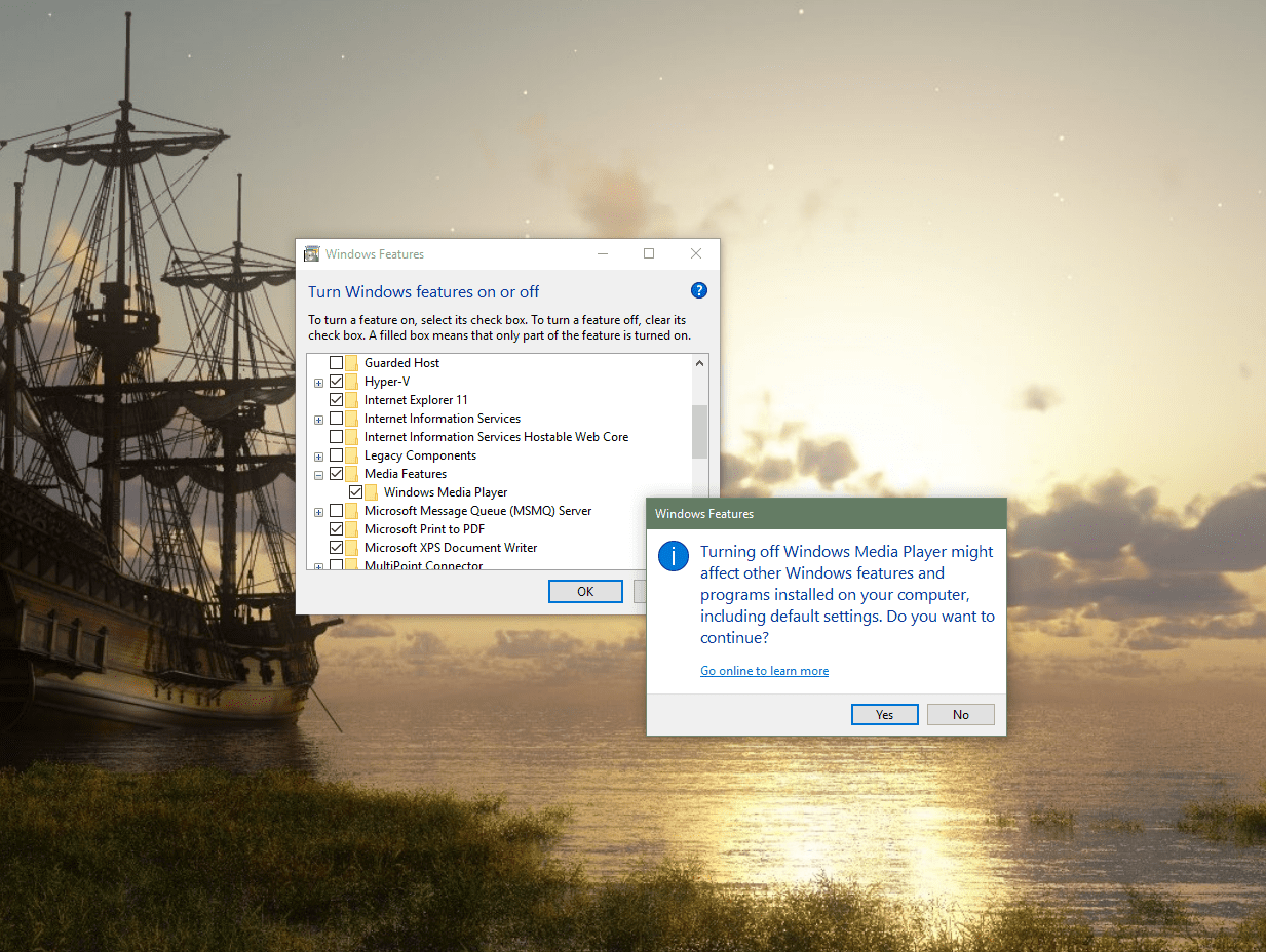 Ta bort Windows Media Player via verktyget Windows Features.