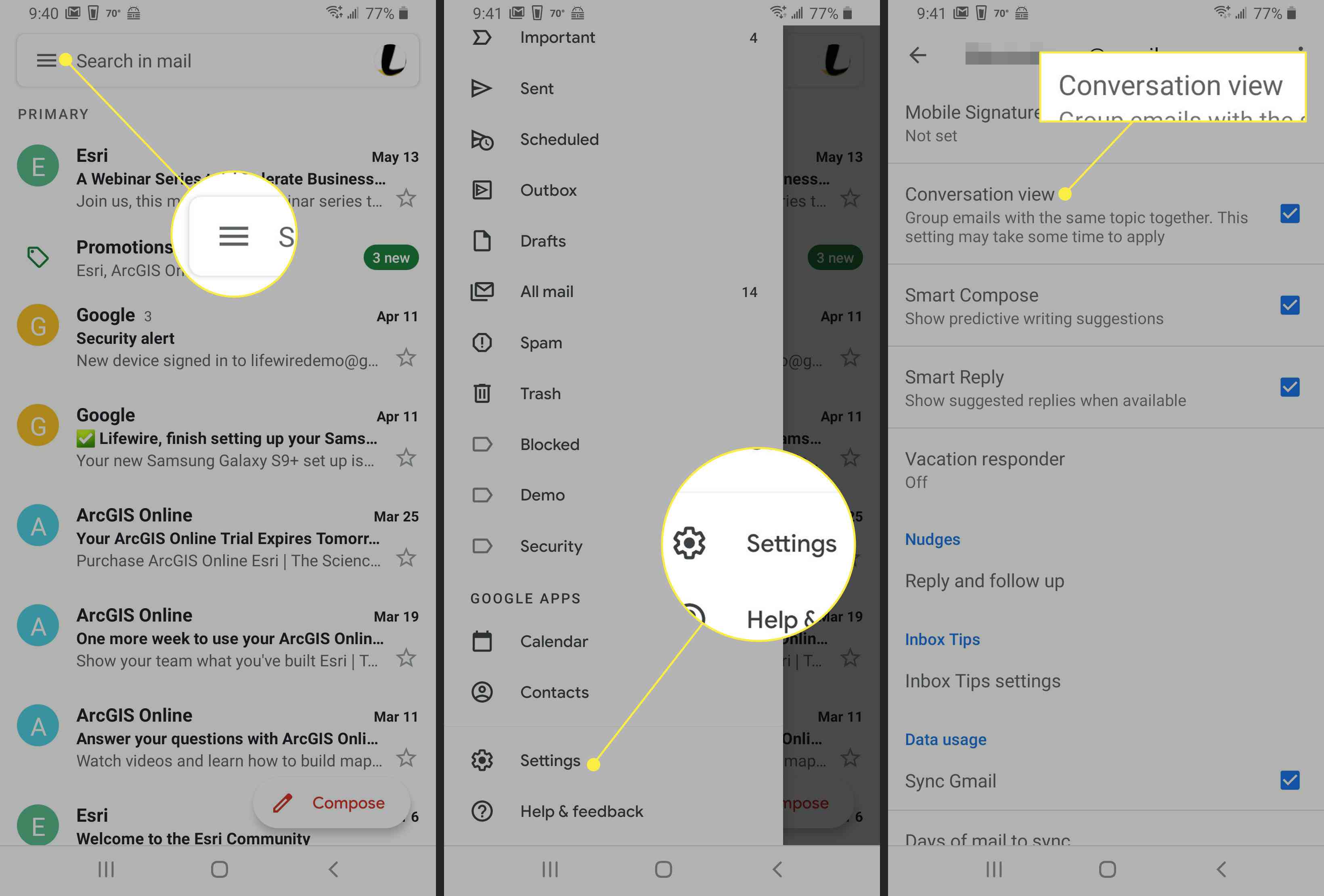 Aktivera konversationsvy på en Android -telefon
