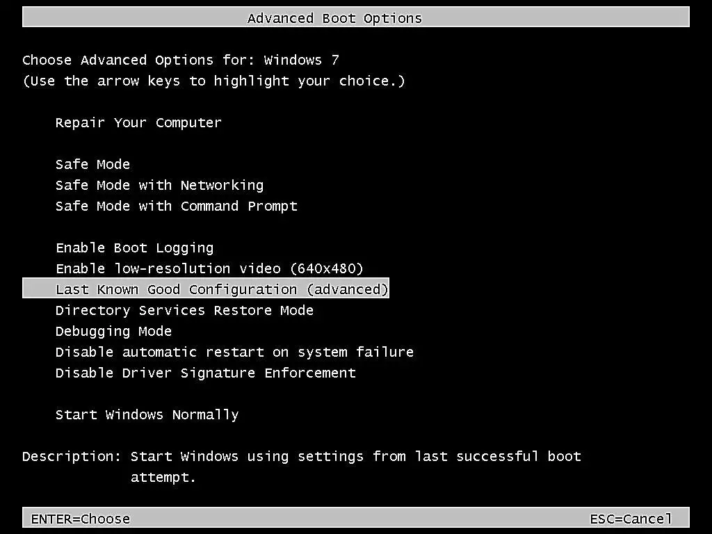 Menyn Avancerade startalternativ i Windows 7
