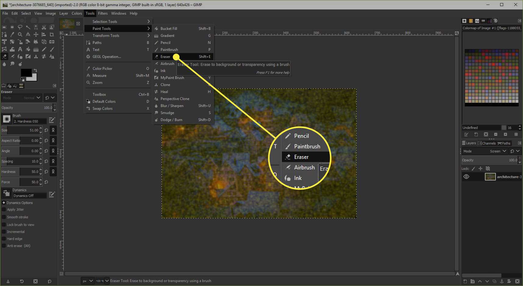 En skärmdump av GIMP med raderingsverktyget markerat