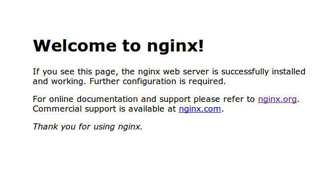 NGINX -välkomstskärmen visar att vår behållare har distribuerats