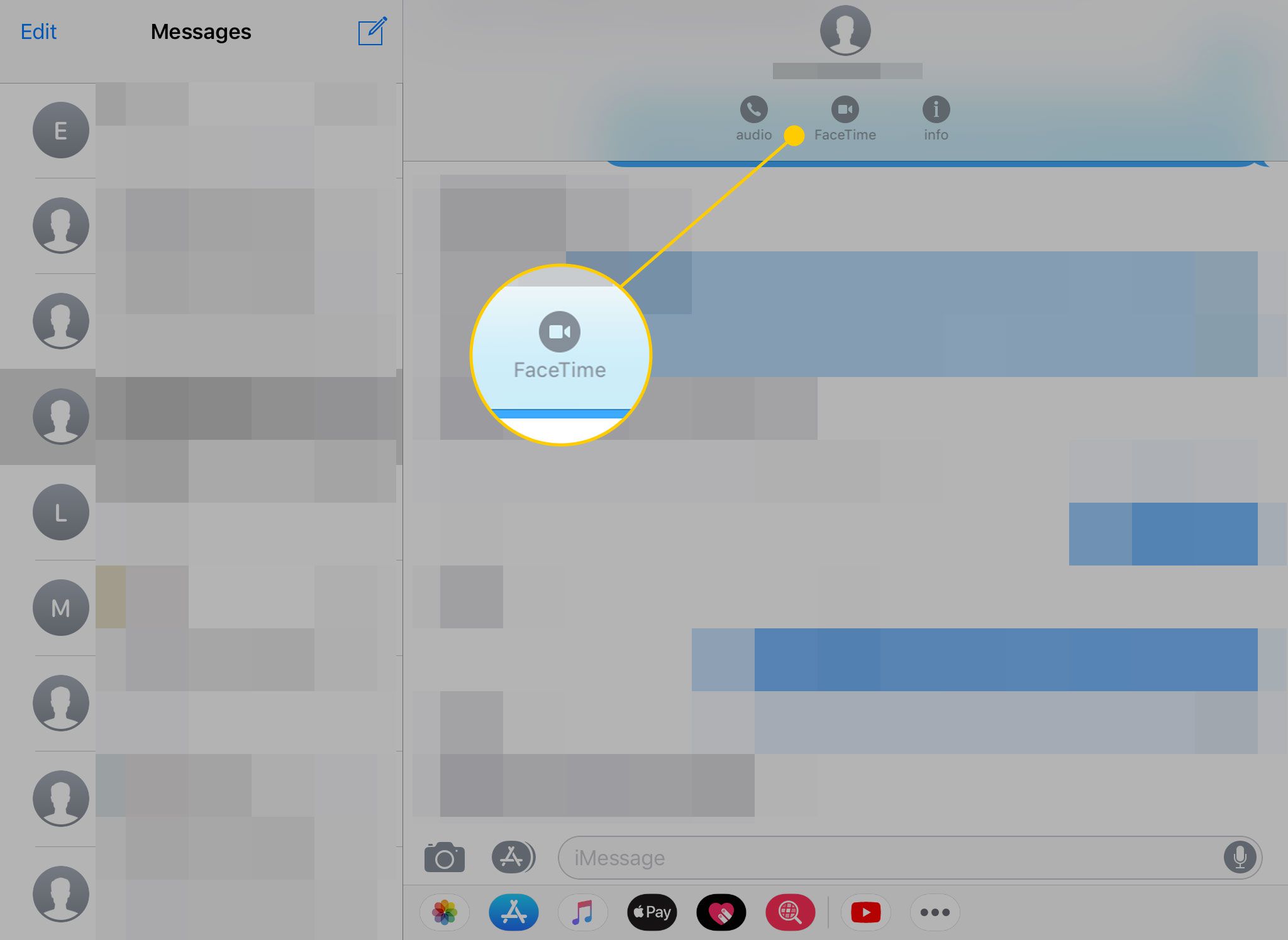 Meddelanden på iPad med FaceTime -ikonen markerad
