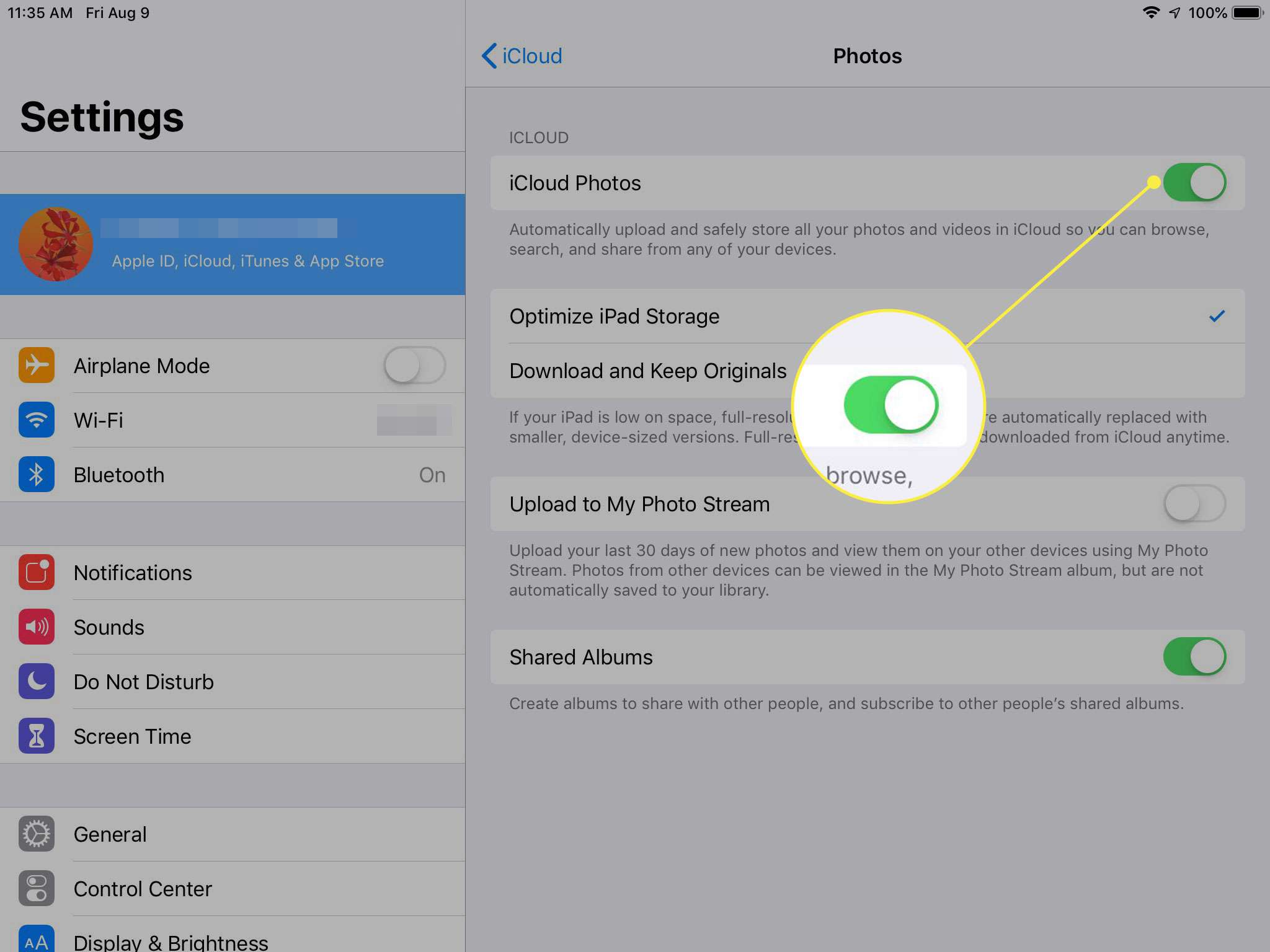 En skärmdump av iPad Photos synkroniseringsinställningar med iCloud Photos -knappen markerad