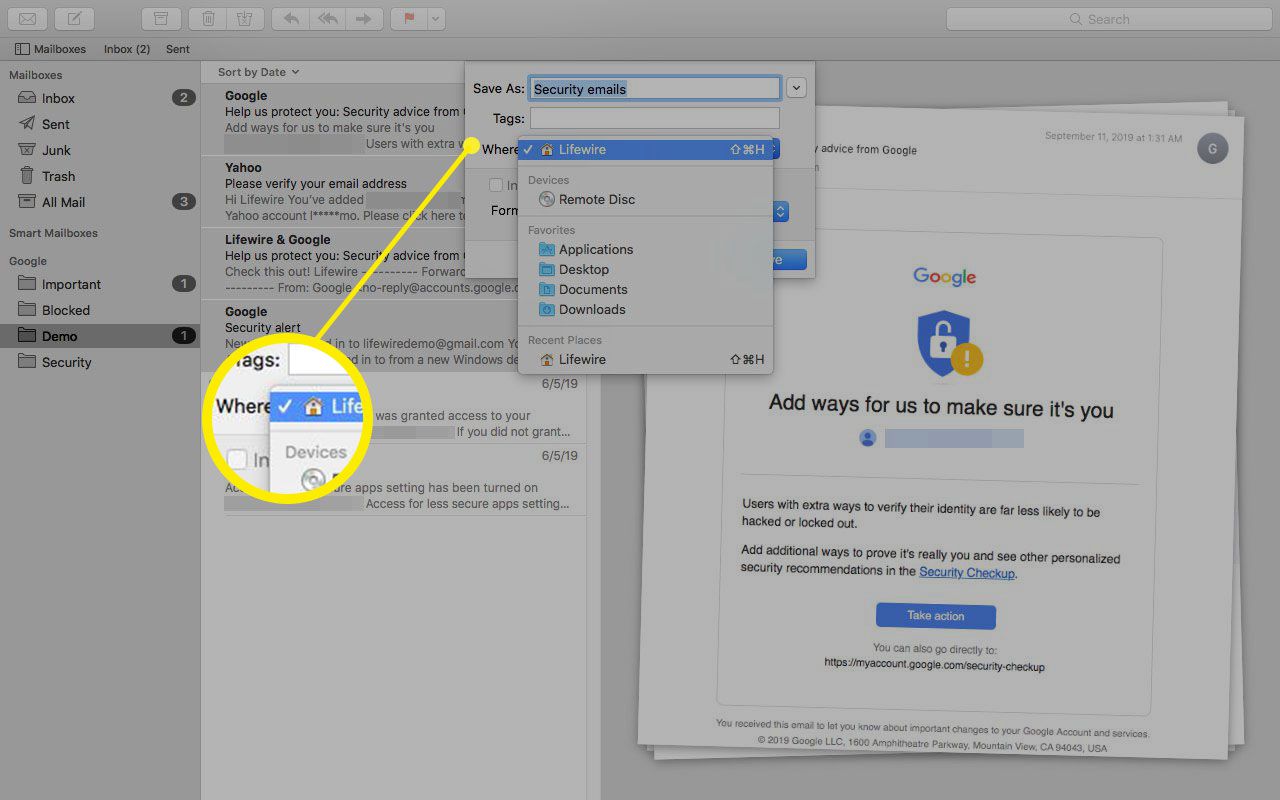 Välj var du vill spara e -postmeddelandena i Mac Mail.