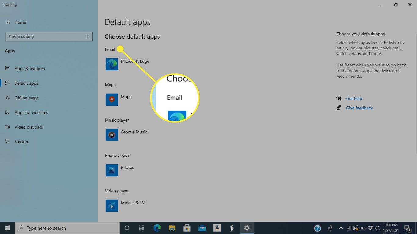 Rubriken E -post på skärmen Standardappar i Windows 10