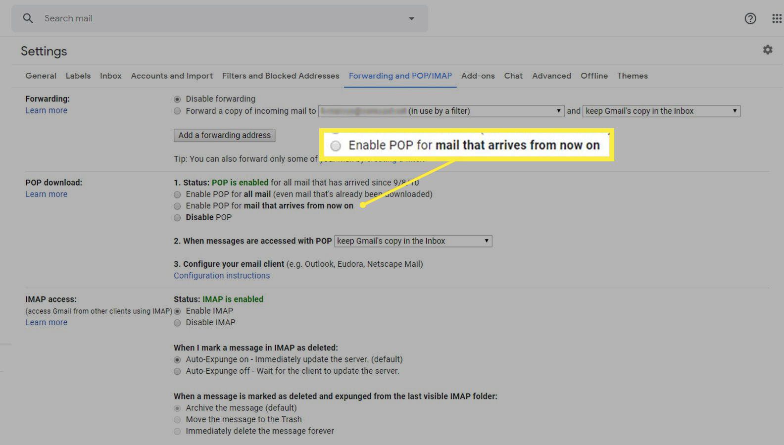 Aktivera POP för e -post som kommer från och med nu.