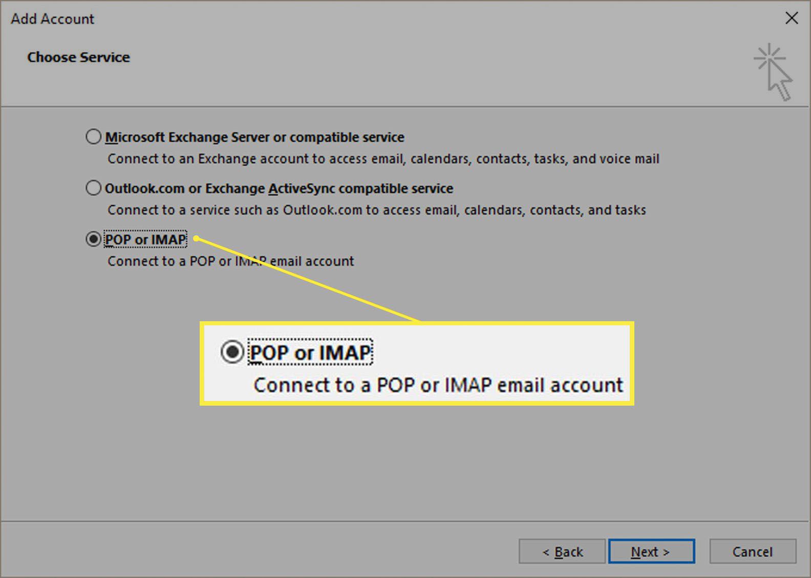 Alternativet POP eller IMAP i dialogrutan Lägg till konto.