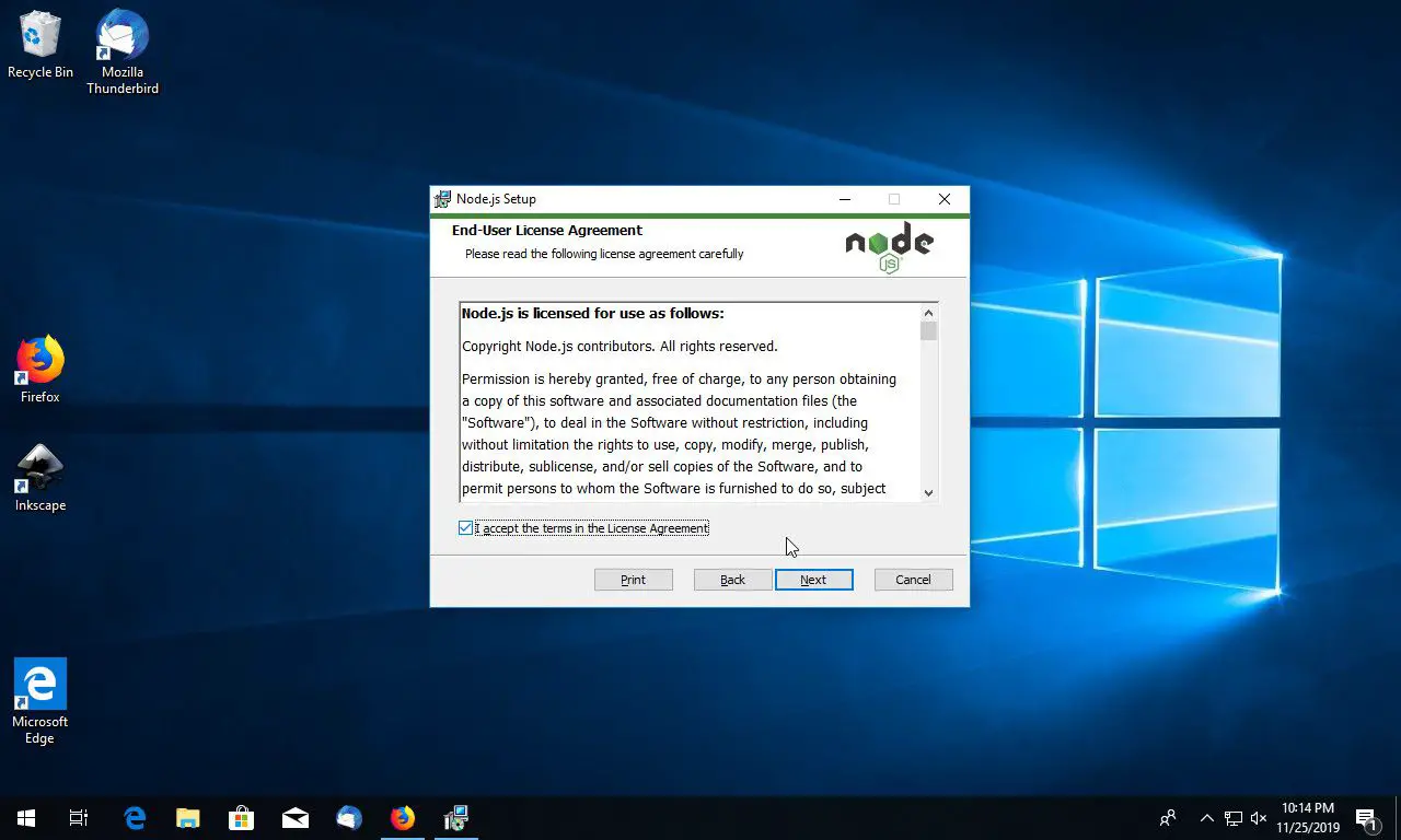 Acceptera Node JS -licens på Windows