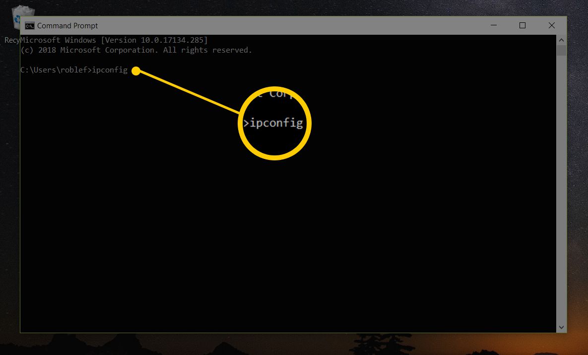 Skärmdump av kommandotolken i Windows 10 som visar kommandot ipconfig