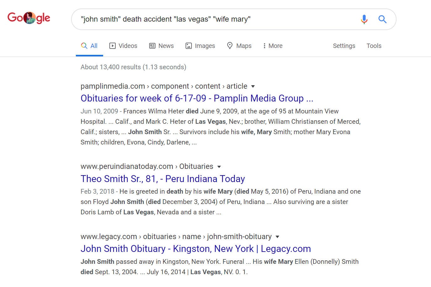 John Smith dödsannonser Google -sökning