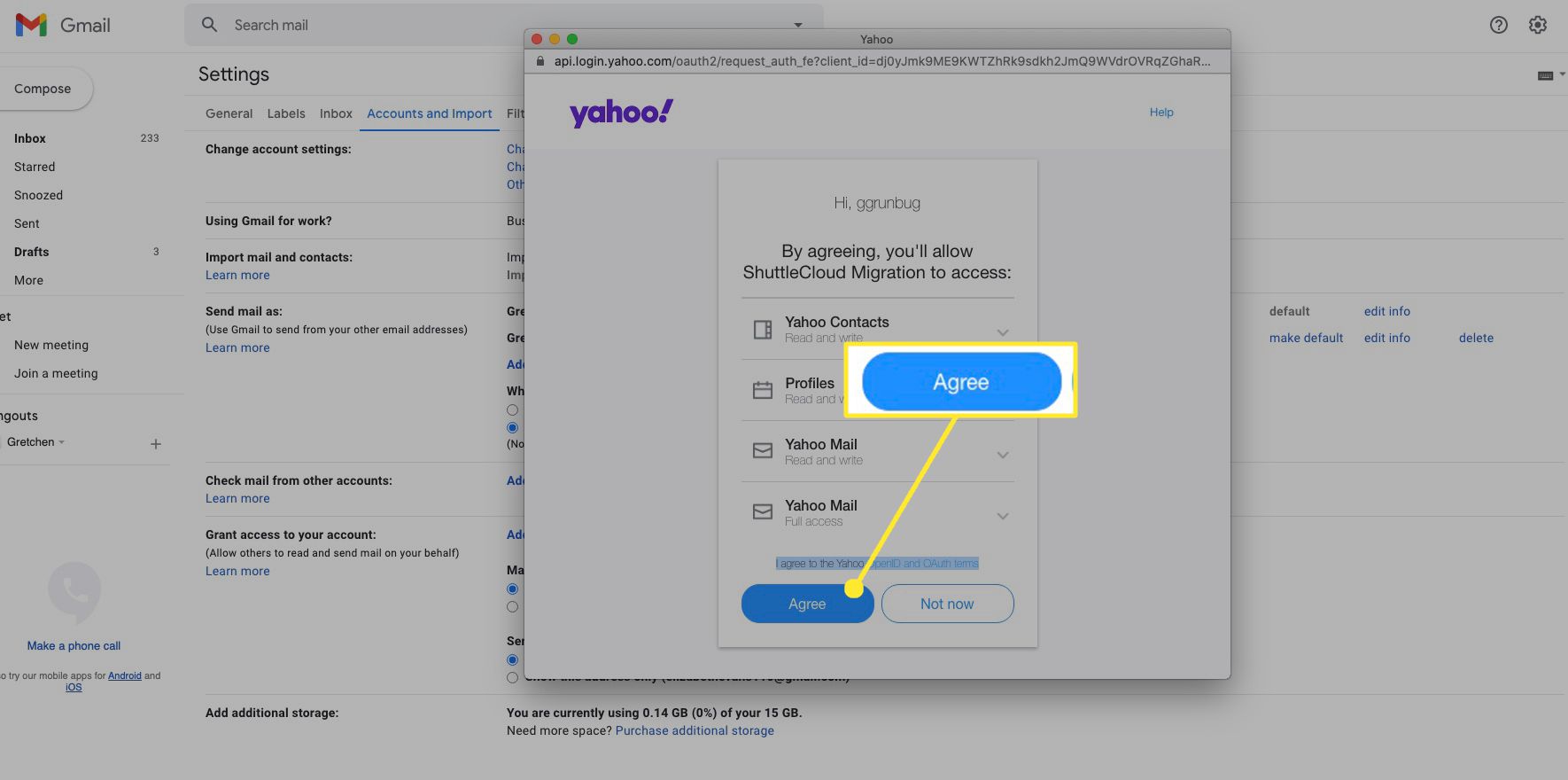 Välj Godkänn för att tillåta ShuttleCloud Migration att komma åt dina Yahoo -kontakter, profiler och e -post.