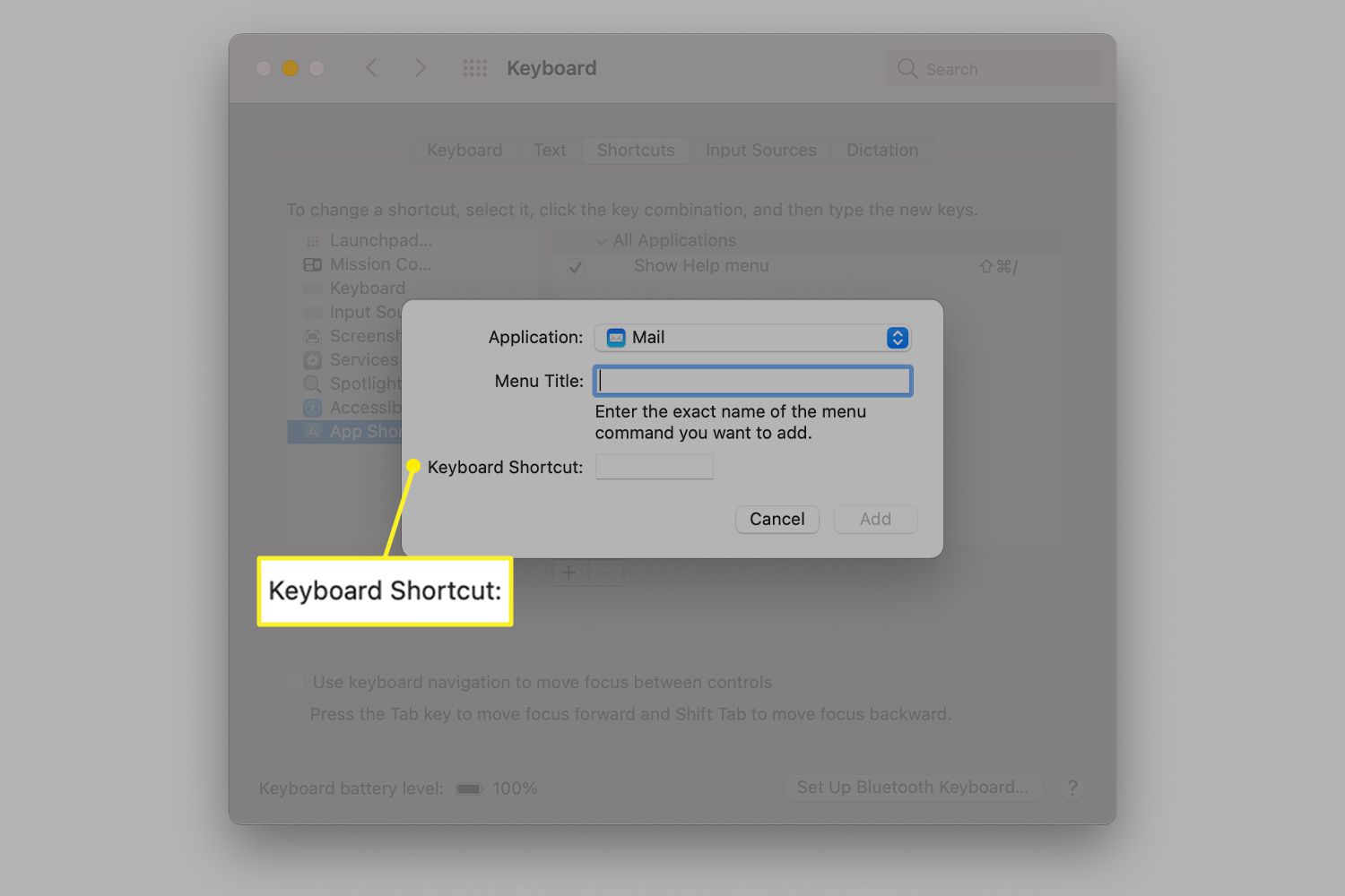 Keyboard Shortcut field in Mac Keyboard preferences