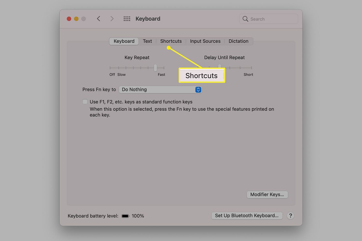 Mac Keyboard preferences with Shortcuts tab highlighted
