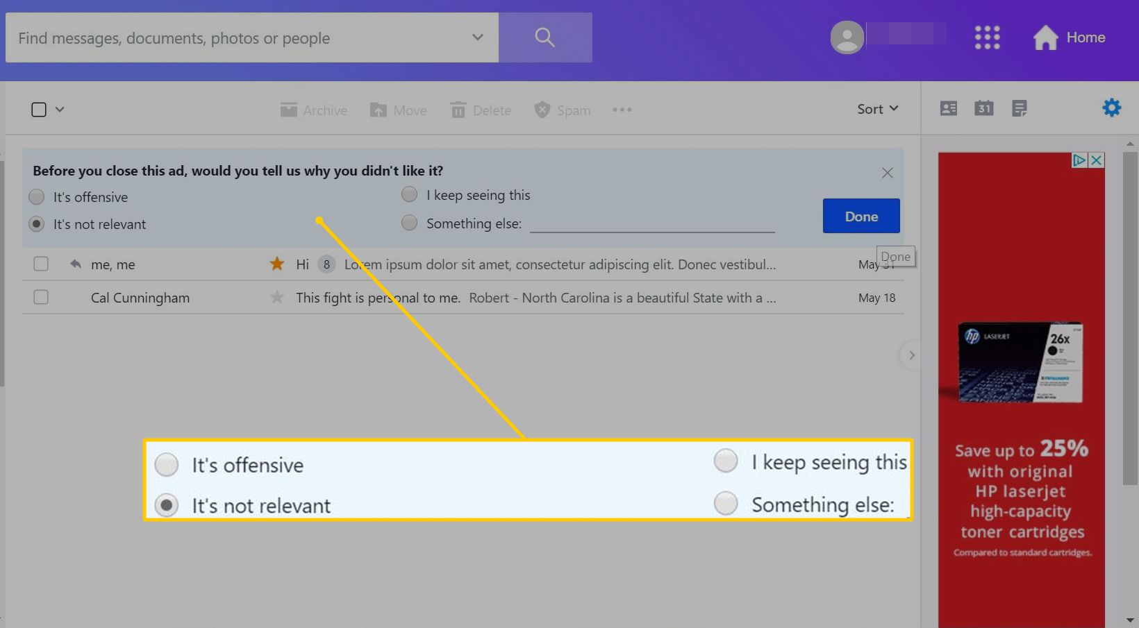 Fyra alternativ för varför du inte gillar en specifik annons på Yahoo Mail för webben