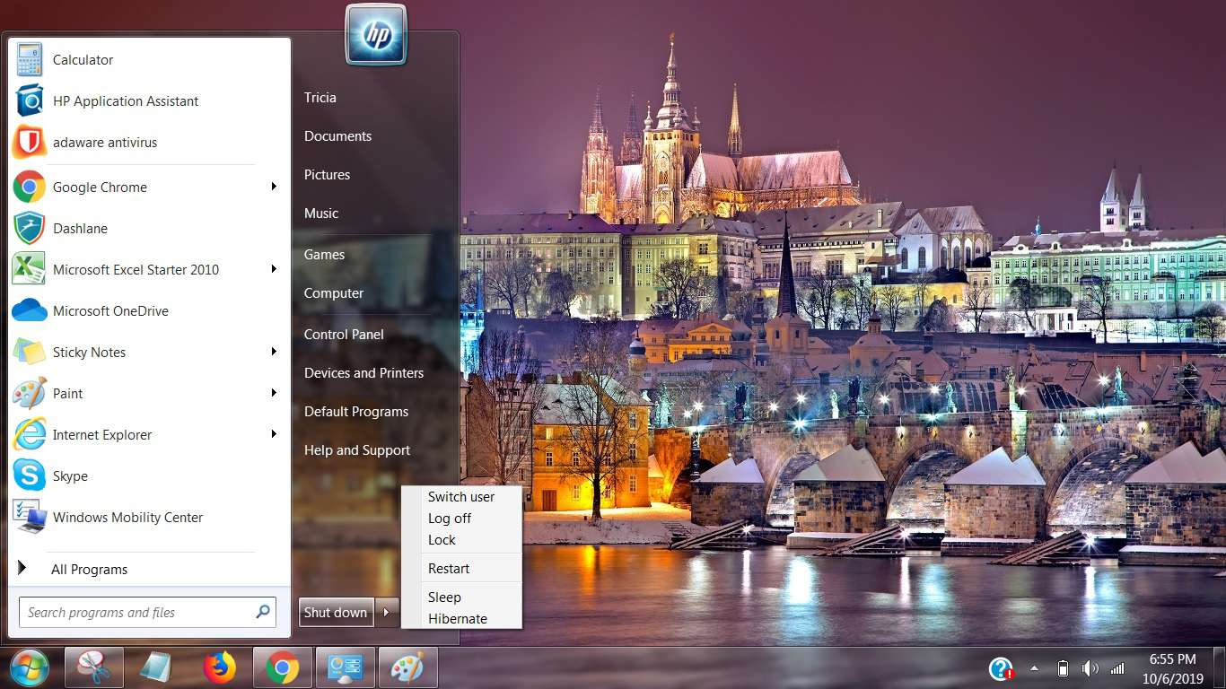 Skärmdump som visar Stäng av i Windows 7 Start -meny