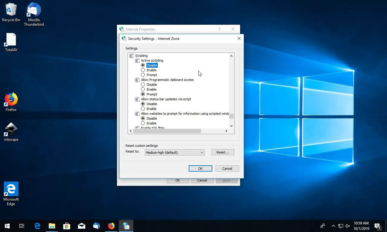 Windows 10 Internet -säkerhetsinställningar med aktivt skript inaktiverat