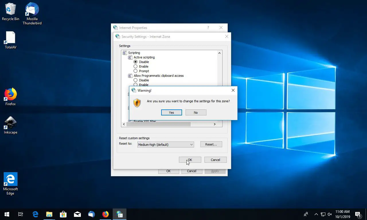 Windows 10 bekräftar ändring av Internetinställningar