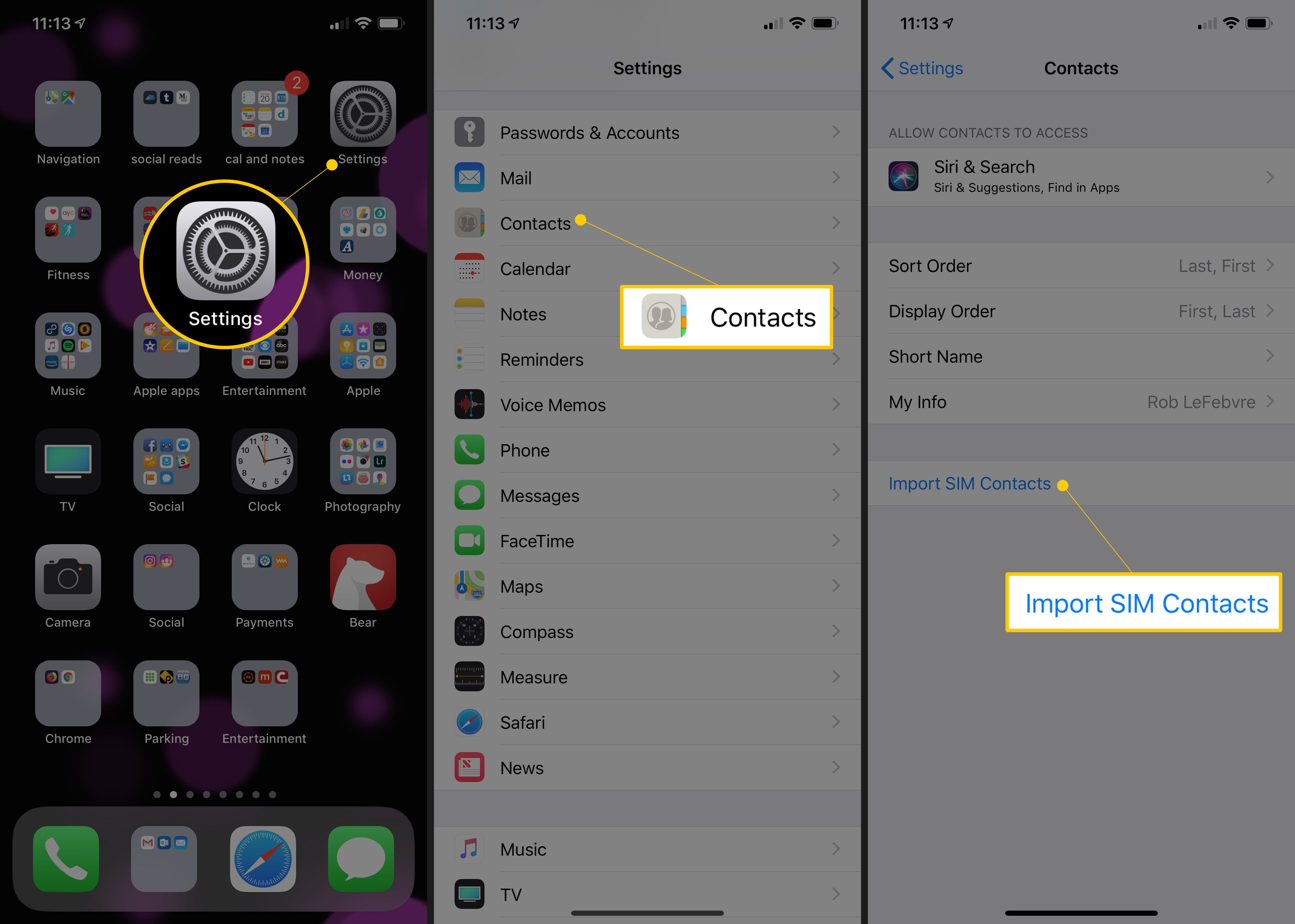 Tre iOS -skärmar som visar Inställningar -appikonen, kontaktknappen och knappen Importera SIM -kontakter