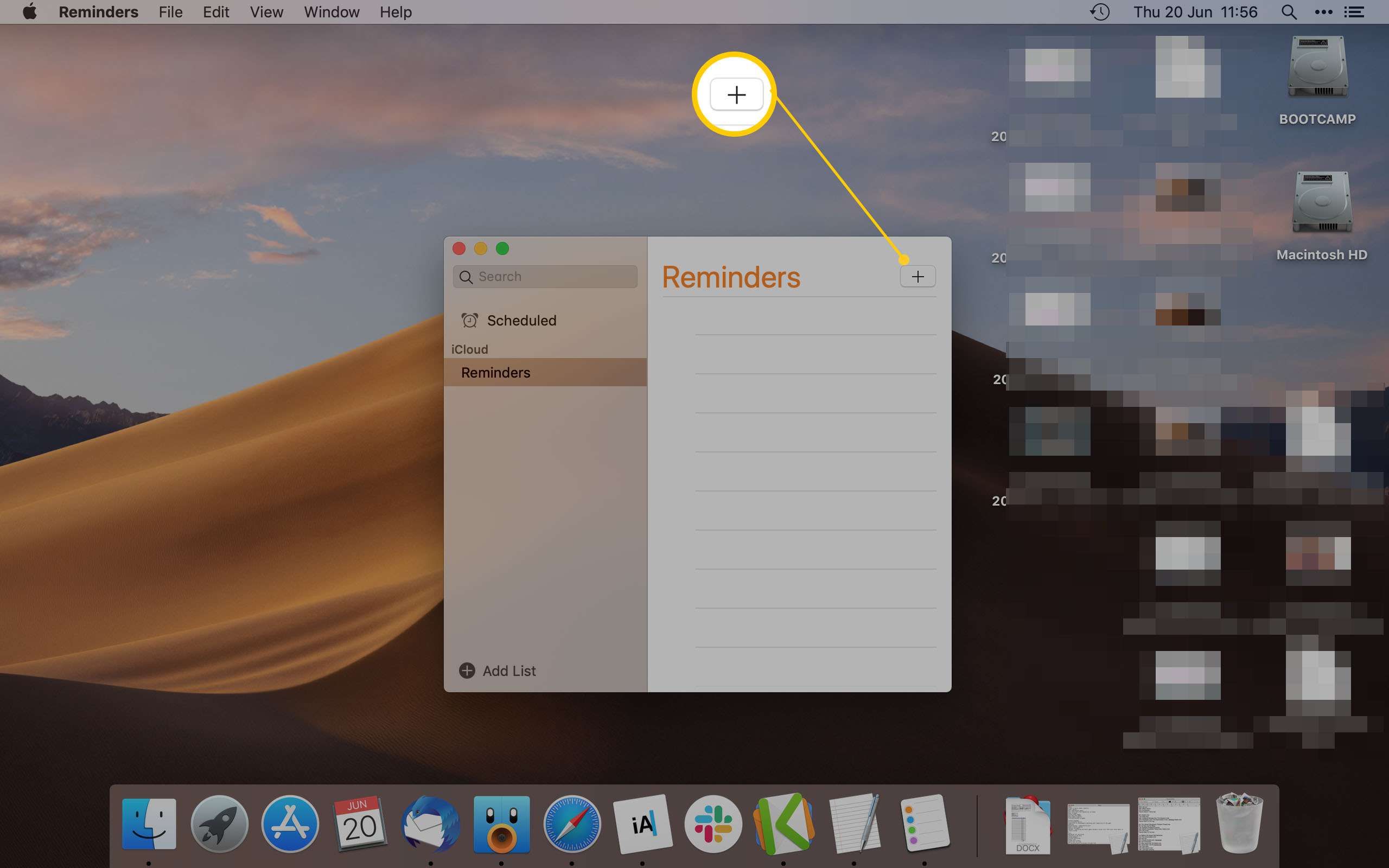 App för påminnelse från Mac som markerar ikonen Lägg till