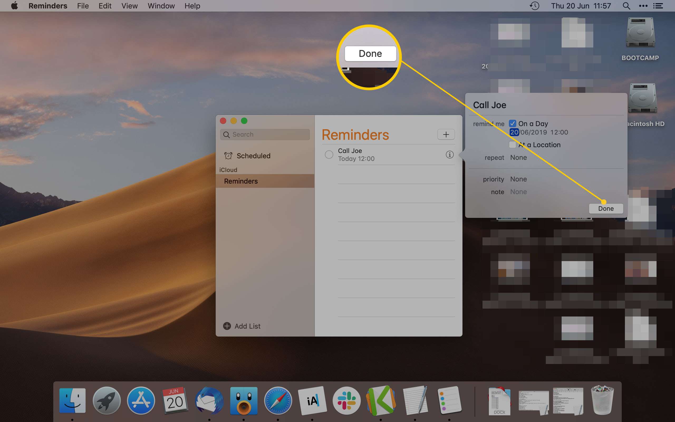 Mac -påminnelse App Markerar knappen Klar