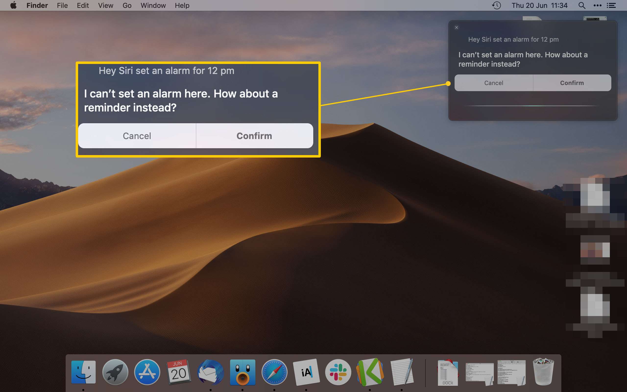 Mac Desktop som visar Siri och ställer in en påminnelse