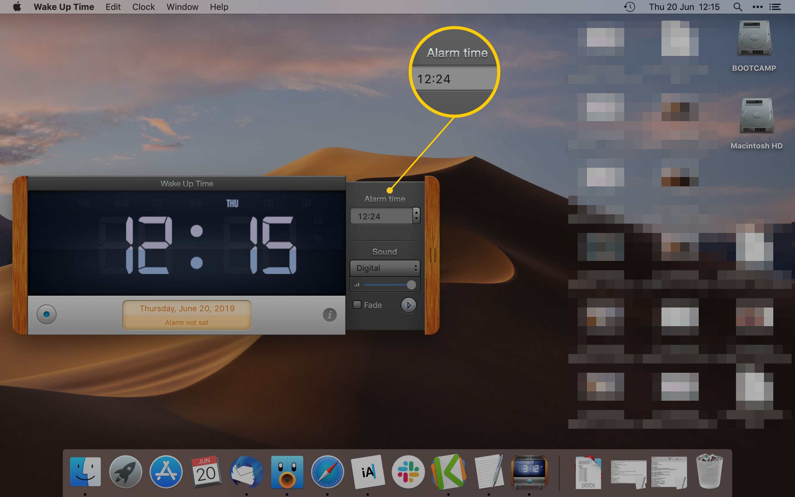 Wake Up Time App på Mac som visar hur du ställer in en alarmtid
