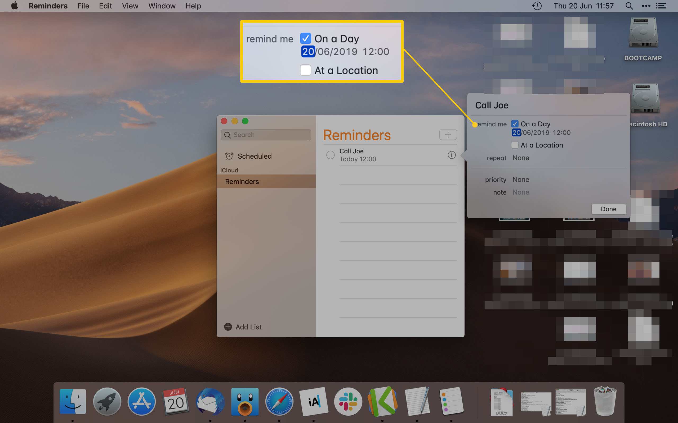 App för Mac -påminnelse Markera alternativen Påminnelse på en dag