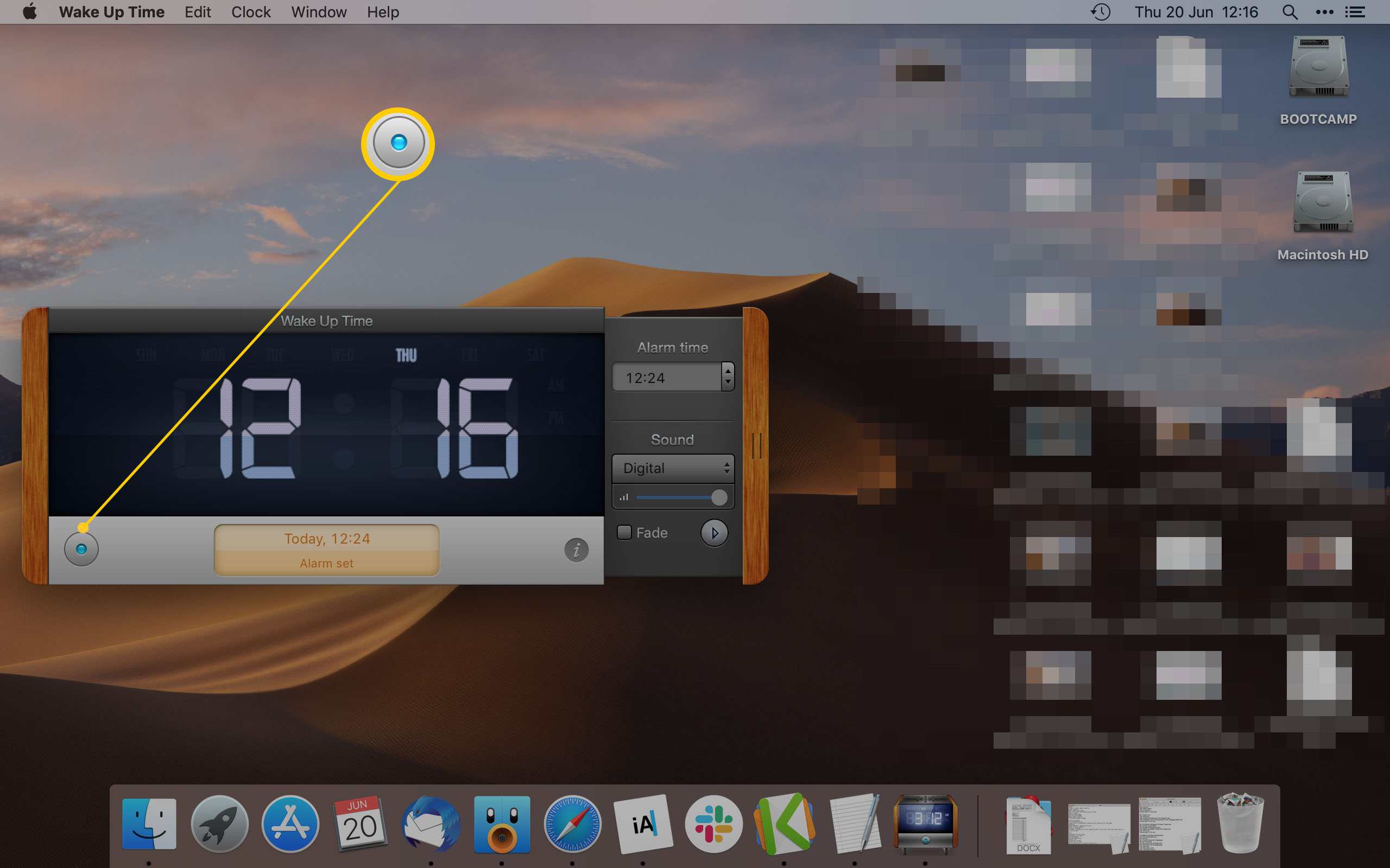 Wake Up Time App för Mac visar vilken knapp du ska trycka på för att ställa in ett larm