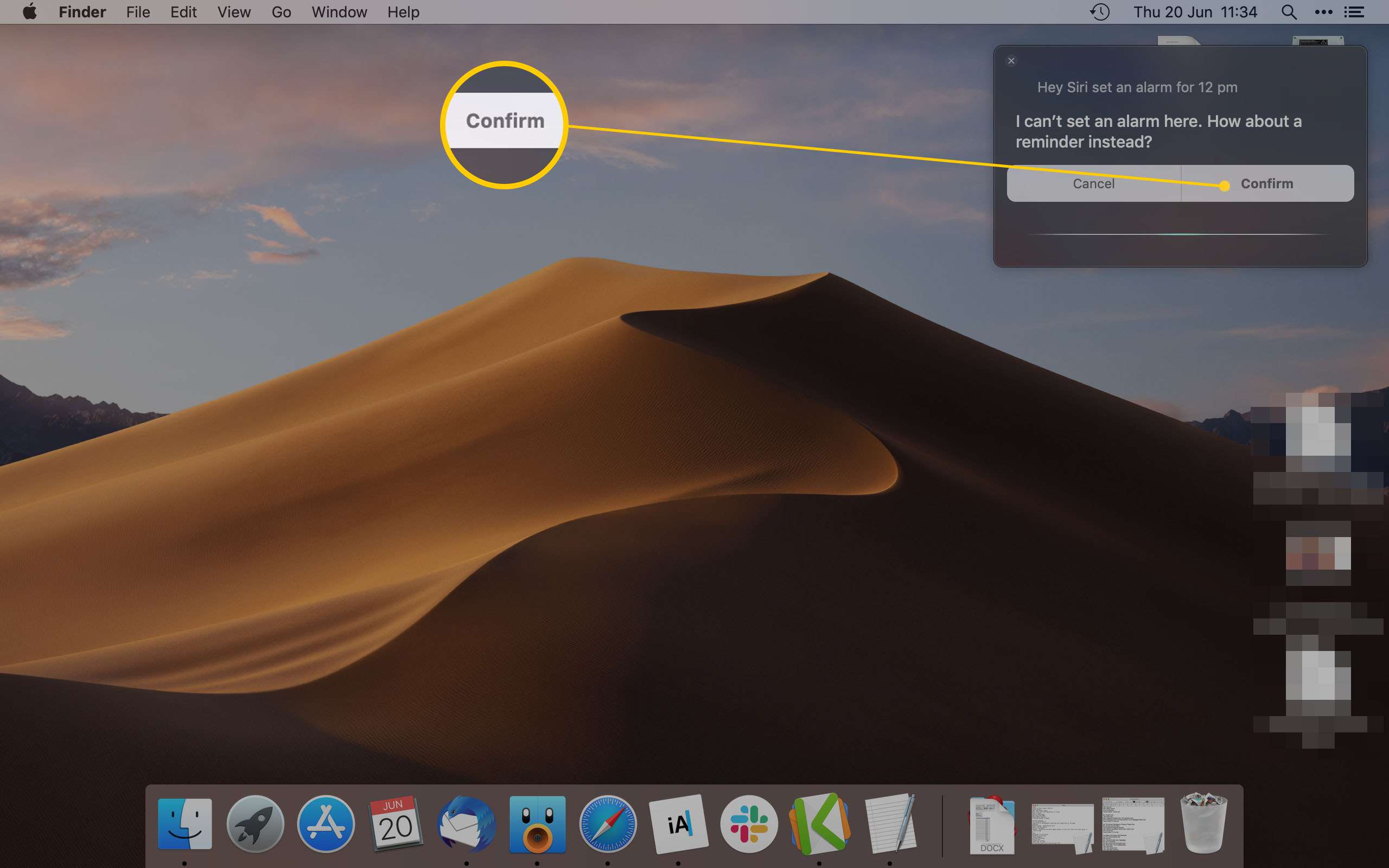 Mac Desktop bekräftar ett larm/påminnelse via Siri