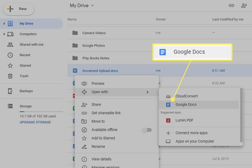 Öppna med Google Dokument -menyn i Google Drive