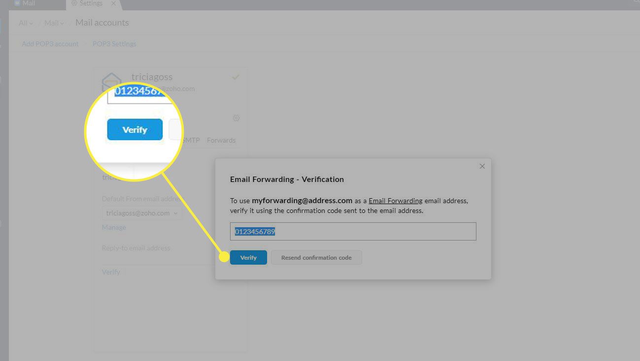En skärmdump av fönstret Vidarebefordra verifiering i Zoho Mail med knappen Verifiera markerad