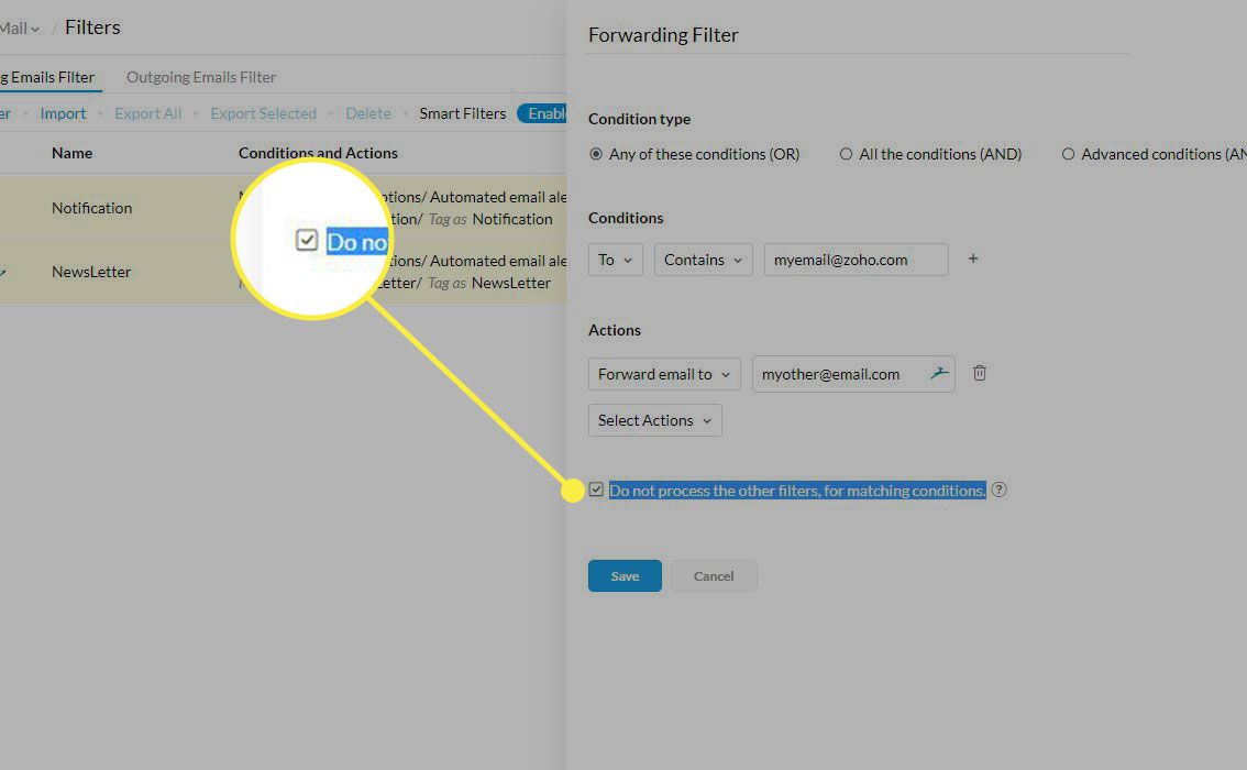 En skärmdump av ett nytt filter i Zoho Mail med kryssrutan Do Not Process Other Filter markerad