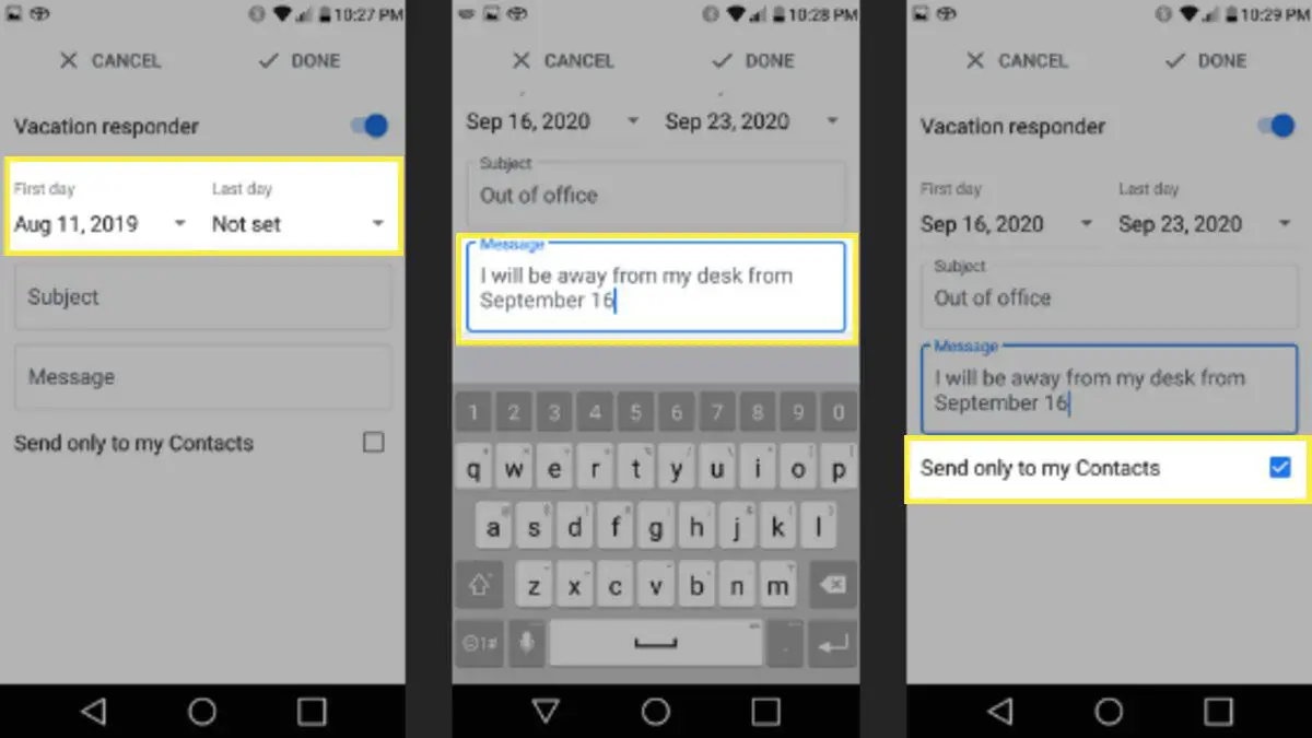 Skärmdumpar av Gmail -appen som visar hur du ställer in ett semesterrespons