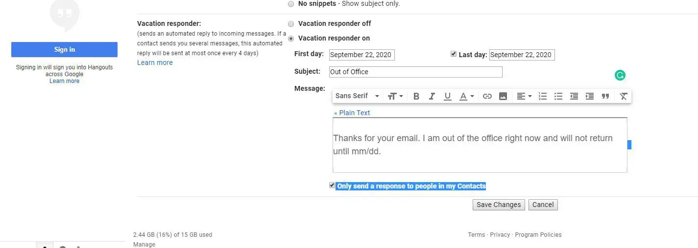 Skicka bara ett svar till personer i mitt kontaktval i Gmail -inställningarna