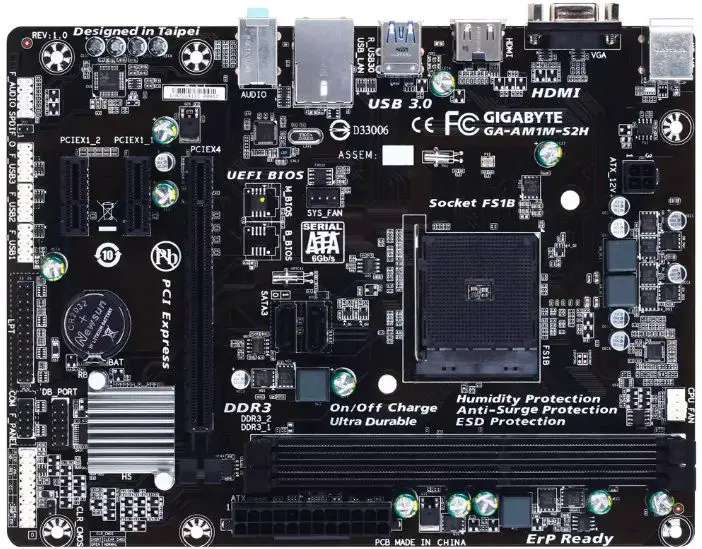 Foto på ett Gigabyte AMD AM1 FS1b-uttag HDMI D-Sub mATX-moderkort (GA-AM1M-S2H)