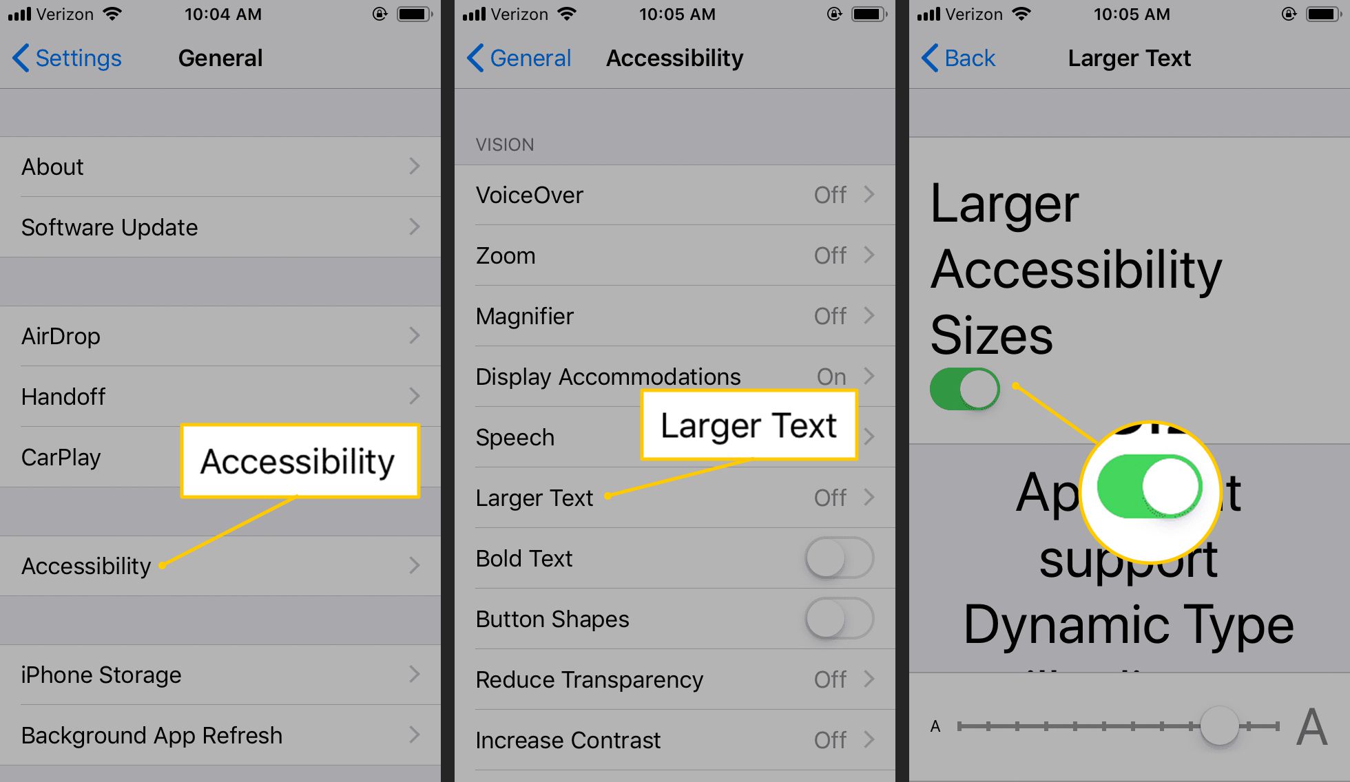 Tillgänglighet, större text, växla i iOS -inställningar