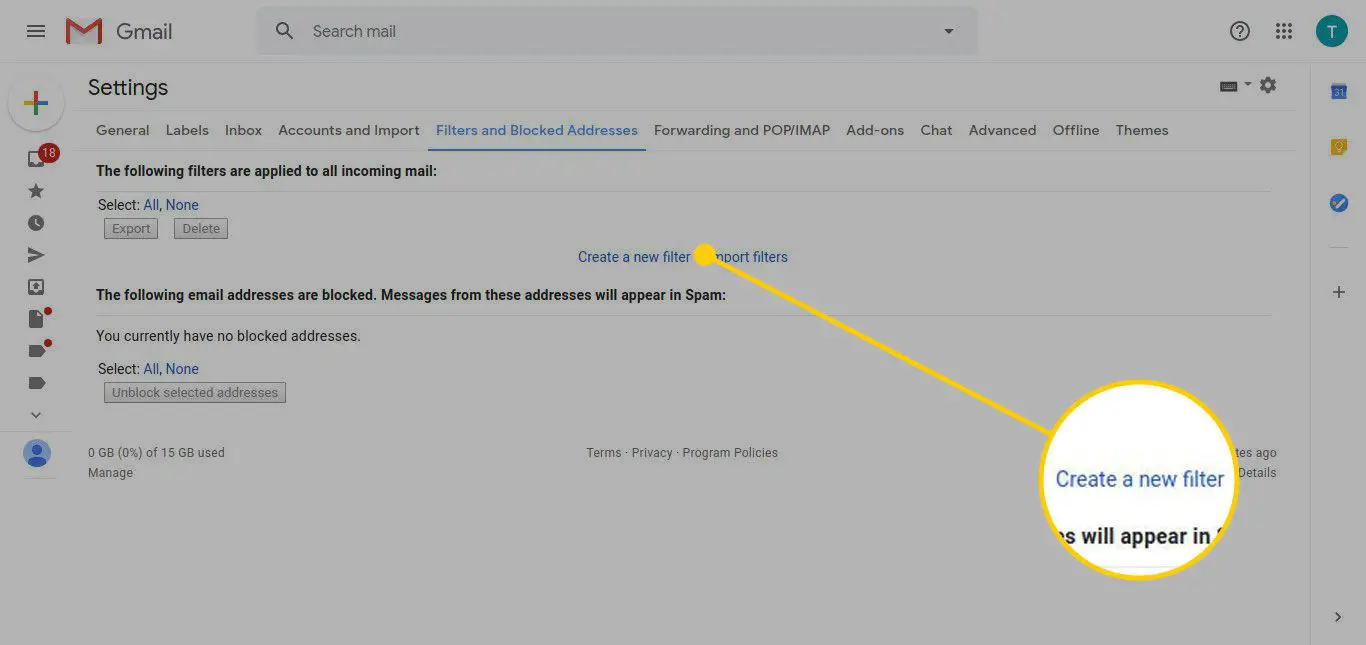 Inställningar för Gmail -filter och blockerade adresser med knappen Skapa ett nytt filter markerad
