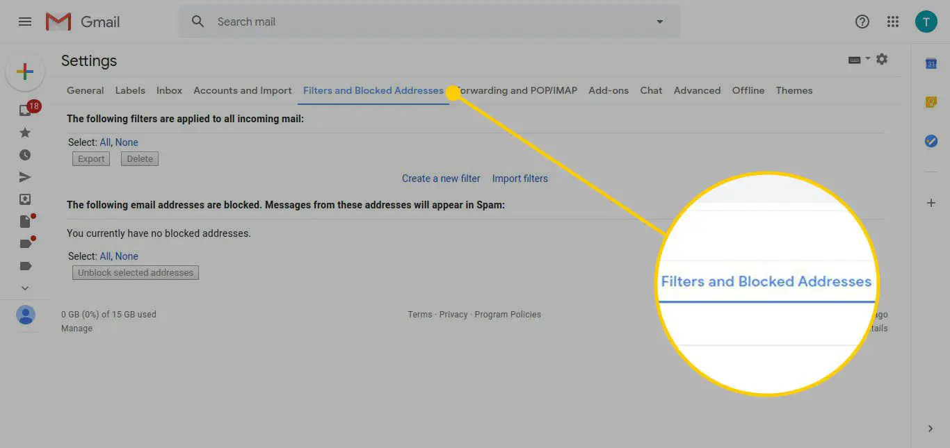 Gmail -inställningar med rubriken "Filter och blockerade adresser" markerade
