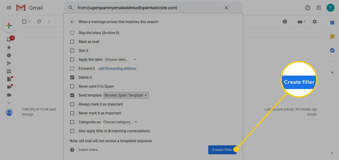 Fönstret för att skapa filter i Gmail med knappen Skapa filter markerad