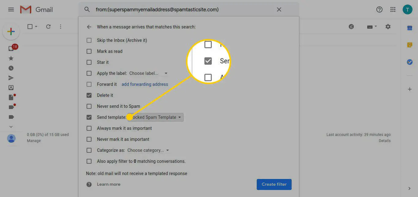 Gmail -filterinställningar med "Skicka mall" markerade