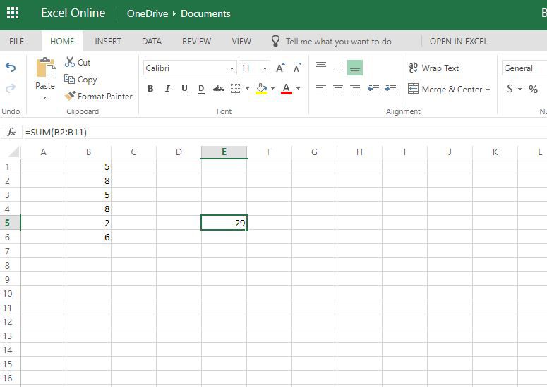 SUM -funktion i Excel Online