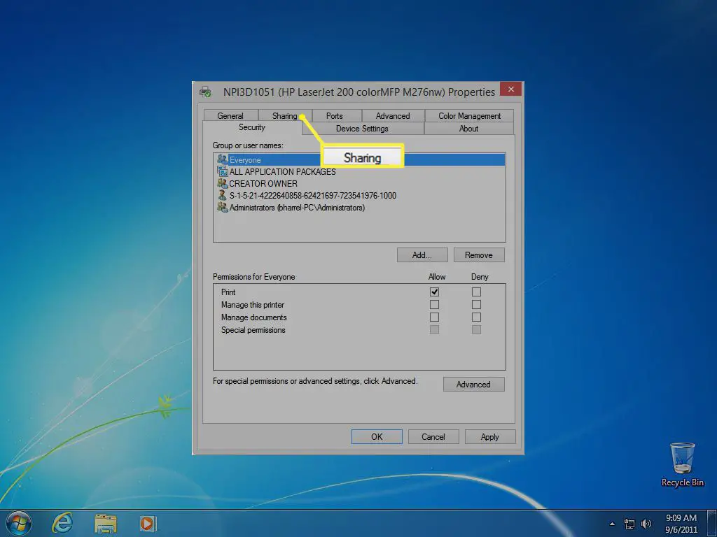 Delningsmeny i Windows 7