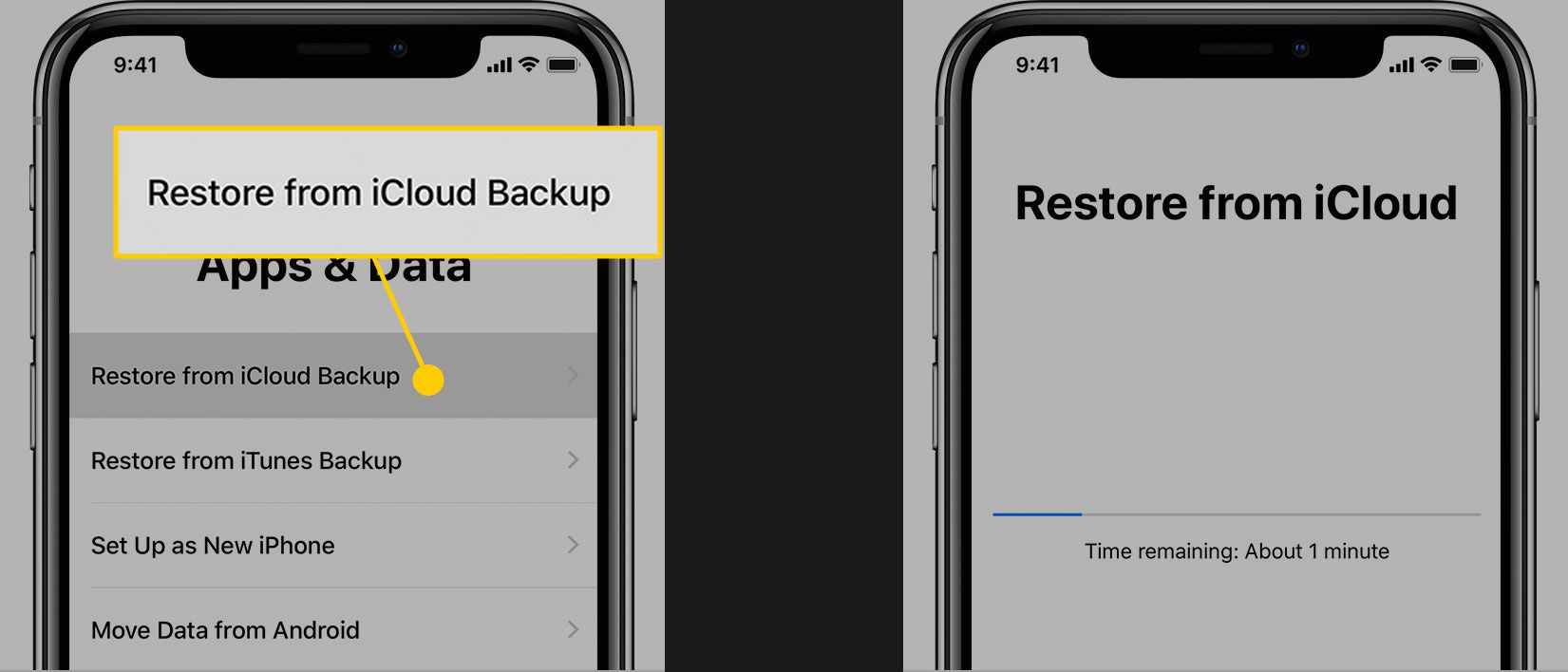 Skärmen för appar och data under iPhone -installationen med alternativet Återställ från iCloud -säkerhetskopiering markerat
