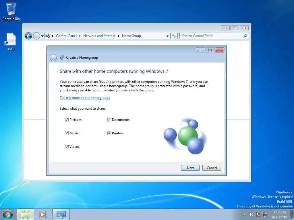 Windows 7 väljer hemgruppsdelning