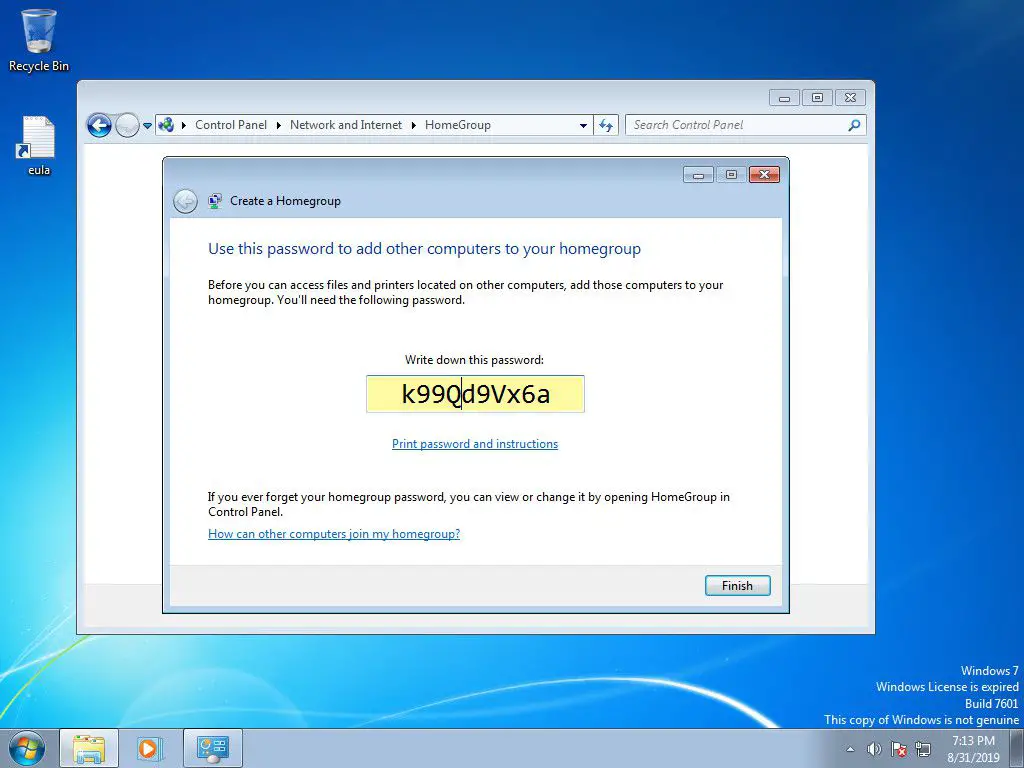 Windows 7 -hemgrupp skapad med lösenord