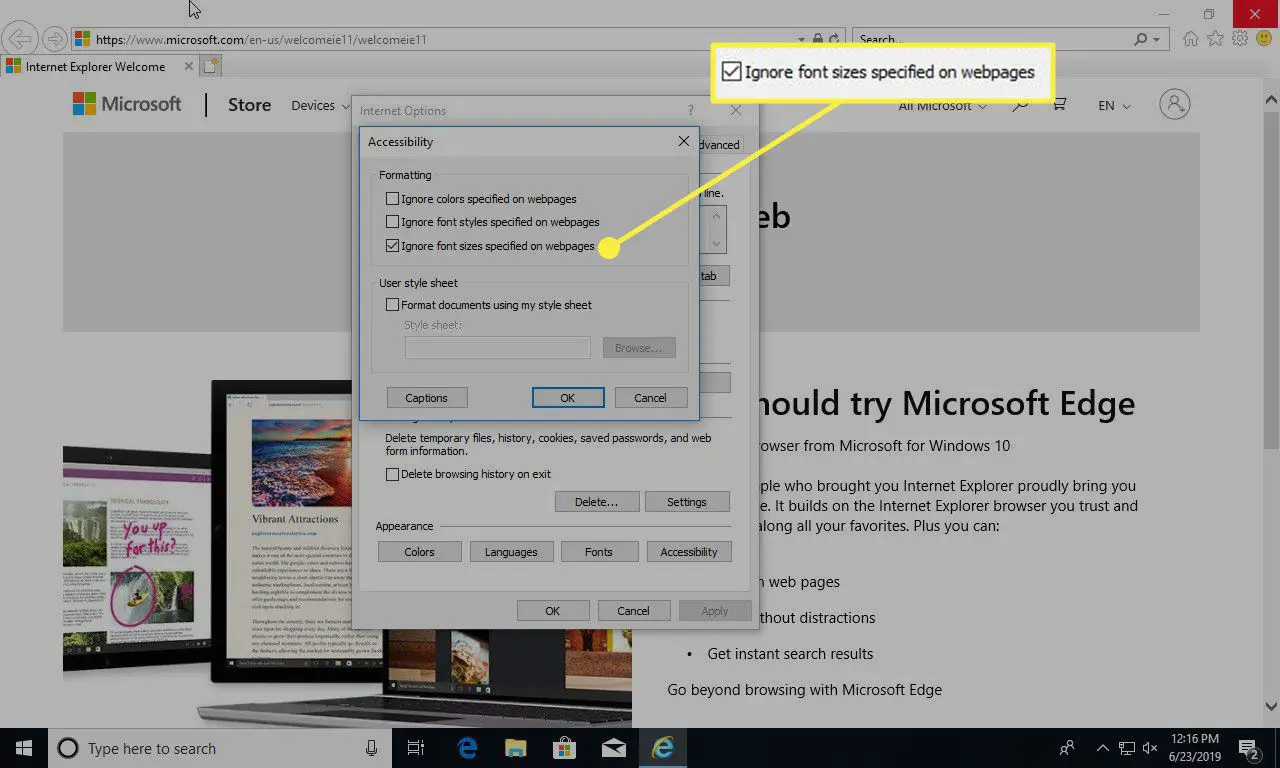 En skärmdump av Internet Explorer -tillgänglighetsfönstret med "Ignorera teckenstorlekar" alternativet markerat
