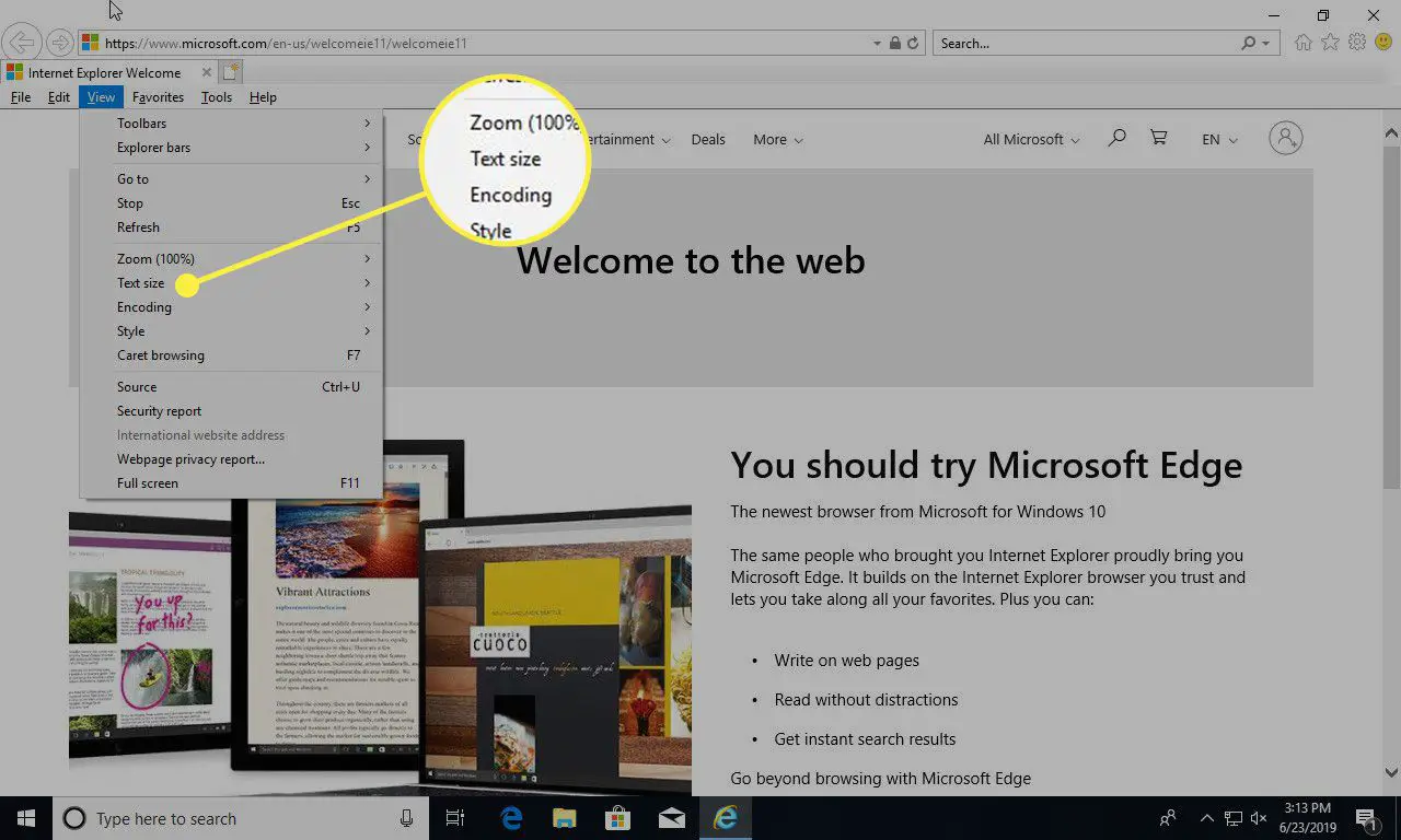En skärmdump av Internet Explorer med alternativet Textstorlek under menyn Visa markerad