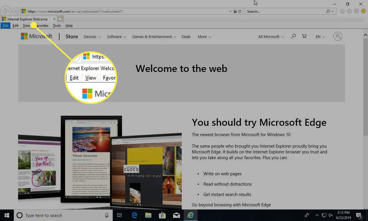 En skärmdump av Internet Explorer med menyn Visa markerad